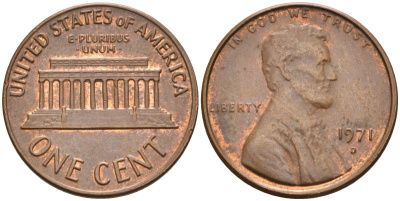 США 1 цент 1971 D, Линкольн KM 201 медь цинк 4115-914