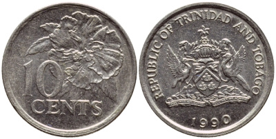 Тринидад и Тобаго 10 центов 1990 цветок гибискуса KM 31 медно-никель 4396-914