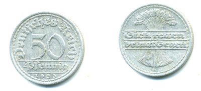 ГЕРМАНИЯ 50 ПФЕННИГОВ 1920 А KM 27, J. 301 алюминий 4381-454