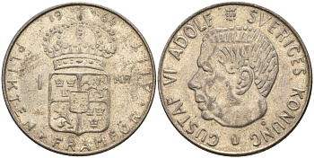 Швеция 1 крона 1964 U, Густав VI Адольф (1950-1973) KM 826 серебро 4150-144