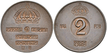 Швеция 2 эре 1953 TS, Густав VI Адольф (1950-1973) KM 821 бронза 68-1255