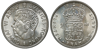 Швеция 2 кроны 1952 TS, Густав VI Адольф (1950-1973) KM 827 серебро 4179-1323