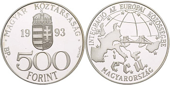 Венгрия 500 форинтов 1993 интеграция в ЕС, мост с Европой KM 704 серебро PROOF 1088-9-54