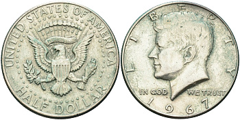 США 1/2 доллара (50 центов) 1967 Джон Кеннеди KM 202а серебро 4593-414