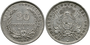 Уругвай 20 сентесимо 1877 А KM 15 серебро 4523-1235