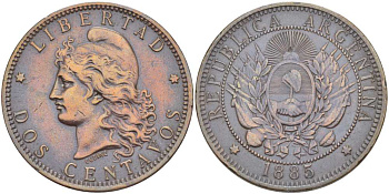 Аргентина 2 сентаво 1885 голова свободы влево KM 8 бронза 4512-731