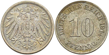 ГЕРМАНИЯ 10 ПФЕННИГОВ 1914 A KM 12, J. 13, Weege 8 медно-никель 212-244