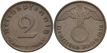 Германия 2 рейхспфеннига 1938 D KM 90, J. 362 бронза 4147-1269
