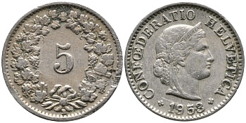 ШВЕЙЦАРИЯ 5 РАППЕНОВ 1953 KM 26 медно-никель 4528-639