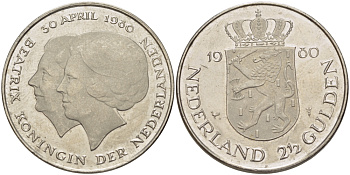 Нидерланды 2 1/2 гульдена 1980 коронация Беатрикс, 30 апреля 1980 KM 201 никель 38-141