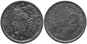 Бразилия 2 сентаво 1975 ФАО KM 586, Schon 92 нержавеющая сталь 4567-859