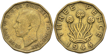 Великобритания 3 пенса 1944 Георг VI (1936-1952) KM 849, Spink 4112 никель латунь  4187-533