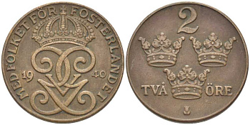 Швеция 2 эре 1940 Густав V (1907-1950) KM 778 бронза 119-1022