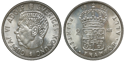 Швеция 2 кроны 1952 TS, Густав VI Адольф (1950-1973) KM 827 серебро 4179-1323