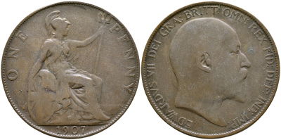 Великобритания 1 пенни 1907 Эдуард VII (1901-1910) KM 794.2, Spink 3990 бронза 4110-215