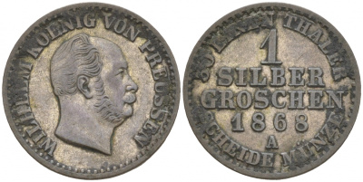 Пруссия 1 серебряный грош 1868 А, Вильгельм I (1861-1888) KM 485, Olding 415, AKS 103, J.89 серебро    44-951