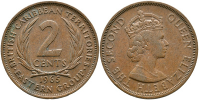 Британские Восточно-Карибские территории 2 цента 1965 Елизавета II (1952-2022) KM 3 бронза 4531-1245