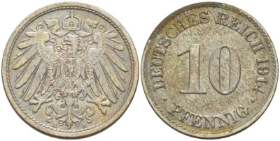 ГЕРМАНИЯ 10 ПФЕННИГОВ 1914 A KM 12, J. 13, Weege 8 медно-никель 212-244