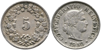 ШВЕЙЦАРИЯ 5 РАППЕНОВ 1953 KM 26 медно-никель 4528-639