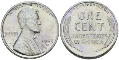 США 1 цент 1943 S (Сан-Франциско), Авраам Линкольн KM 132 a сталь плакированная цинком 96-1167