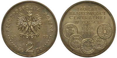 Польша 2 злотых 2009 MW, 180 лет центральному банку Польши KM 675 латунь 111-345