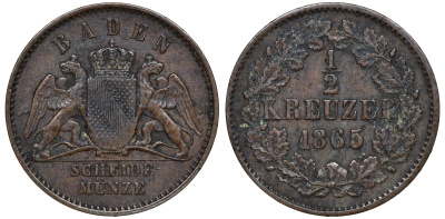Баден 1/2 крейцера 1865 Фридрих I (1856-1907) KM 241, AKS 15, Jaeger 1 медь    220-941