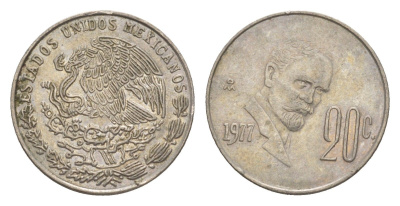 Мексика 20 сентаво 1977 Франциско Индалеси KM 442 медно-никель 4644-647