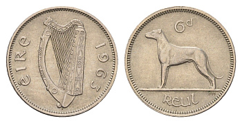 Ирландия 6 пенсов 1963 собака, ирландский волкодав KM 13a медно-никель aUNC 4624-1236