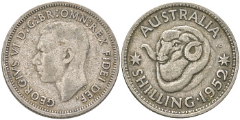 Австралия 1 шиллинг 1952 M, Георг VI (1936-1952), овца меринос KM 46 серебро 4622-141