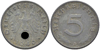 ГЕРМАНИЯ 5 РЕЙХСПФЕННИГОВ 1940 D KM 100, J. 370 цинк 105-238
