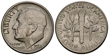 США 10 центов (дайм) 1966 Рузвельт KM 195a медь плакированная медно-никелем 4164-926