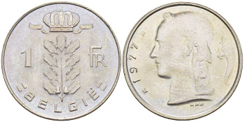 БЕЛЬГИЯ 1 ФРАНК 1977 BELGIE, БОДУЭН I (1951-1993) KM 143.1 медно-никель 3856-635