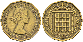 Великобритания 3 пенса 1954 Елизавета II (1952-2022) KM 900, Spink 4153 никель латунь 4589-822