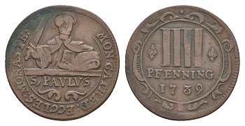 Мюнстер 4 пфеннига 1739 Монетный двор кафедрального капитула KM 431 медь 633-1615