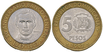 Доминиканская Республика 5 песо 1997 50 лет центральному банку KM 88 биметалл 4391-1224