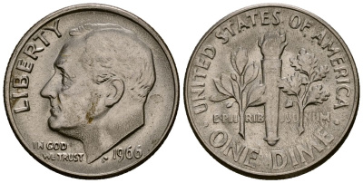 США 10 центов (дайм) 1966 Рузвельт KM 195a медь плакированная медно-никелем 4164-926