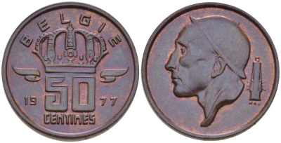 БЕЛЬГИЯ 50 САНТИМОВ 1977 BELGIE, БОДУЭН I (1951-1993) KM 149.1 бронза 214-221