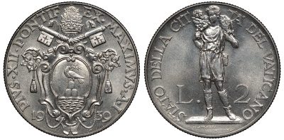Ватикан 2 лиры 1939 папа Пий XII (1939-1958) KM 27 никель UNC 00-00