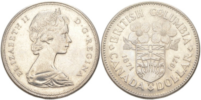 Канада 1 доллар 1971 100 лет со дня присоединения провинции Британская Колумбия (1871-1971) KM 79 никель UNC 63-524