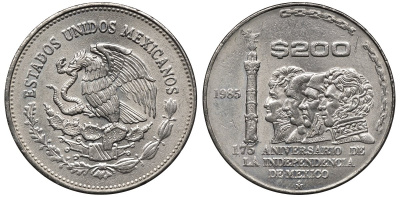Мексика 200 песо 1985 Мо, 175-летие независимости KM 509 медно-никель 4367-1132