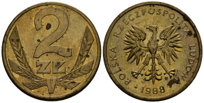 Польша 2 злотых 1988 MW KM 80.2, Parchimowicz 218c латунь 4177-756