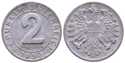 АВСТРИЯ 2 ГРОША 1950 ПЕРВЫЙ ГОД КМ 2876 алюминий 4383-156