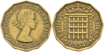 Великобритания 3 пенса 1954 Елизавета II (1952-2022) KM 900, Spink 4153 никель латунь 4589-822