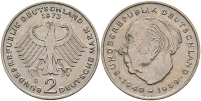 ФРГ 2 марки 1973 D, Конрад Аденауэр KM 124, J. 406 медно-никель 4159-1223
