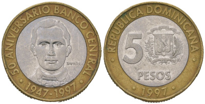 Доминиканская Республика 5 песо 1997 50 лет центральному банку KM 88 биметалл 4391-1224