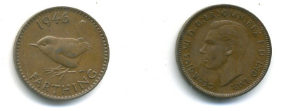 Великобритания 1 фартинг 1946 Георг VI (1936-1952) KM 843, Spink 4116 бронза 35-739