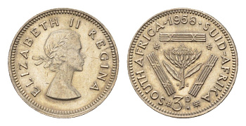 ЮАР 3 пенса 1958 Елизавета II (1952-2022) KM 47 серебро 4547-842