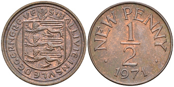 Гернси 1/2 пенни 1971 Елизавета II (1952-2022), герб KM 20 бронза UNC 4580-866