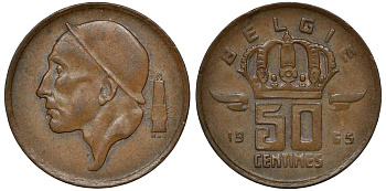 БЕЛЬГИЯ 50 САНТИМОВ 1965 BELGIE KM 149.1 бронза 72-935