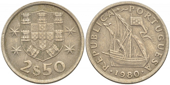 Португалия 2,5 эскудо 1980 парусник KM 590 медно-никель 3718-324